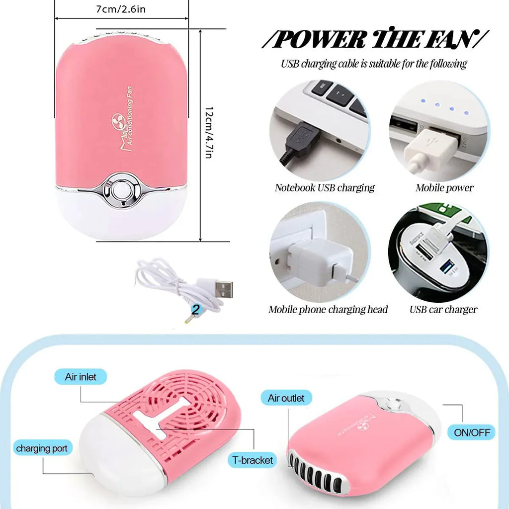 Technical diagram showing the size and power charging methods for a portable eyelash extension dryer fan.