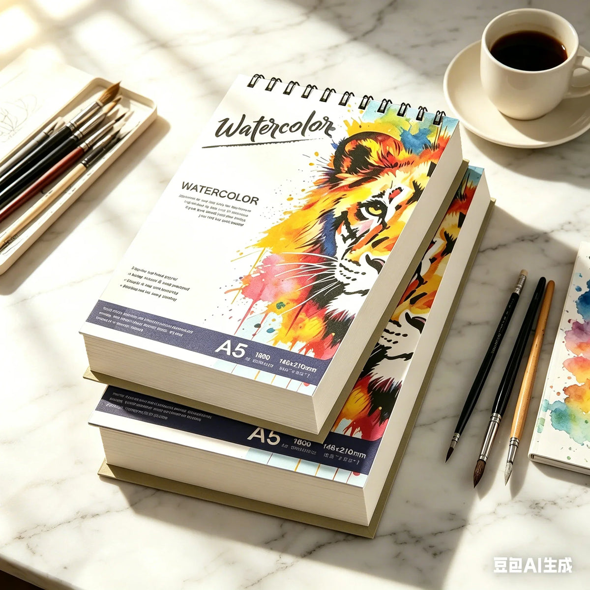 A5 spiral bound watercolor sketchbook with an illustrated art cover design – view 2