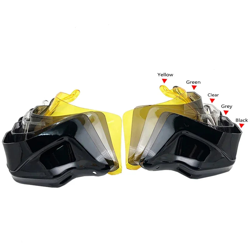 Set of motorcycle handguard wind deflectors in yellow, green, clear, grey, and black colors