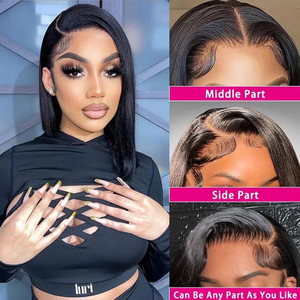 A woman modeling a black straight bob lace frontal wig with text overlays showing parting options.