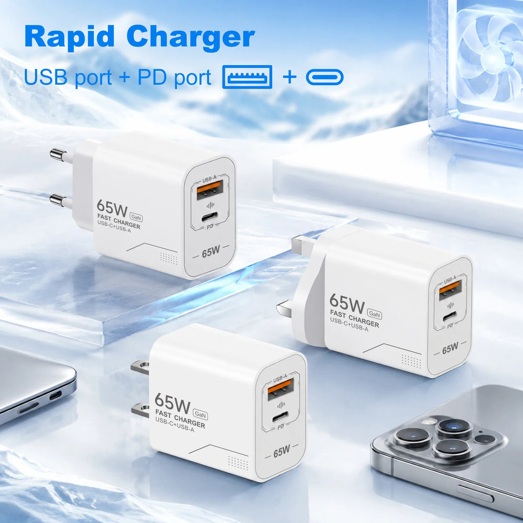 Three white 65W fast chargers with different plug types and a charging cable.