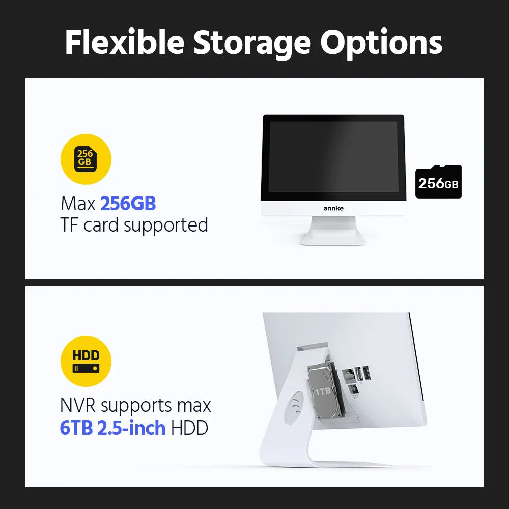 Security monitor display showing storage options including TF card and hard disk drive installation