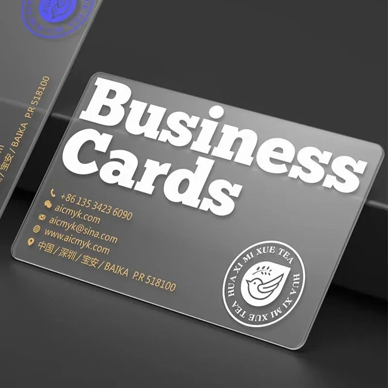 Transparent plastic business card with contact details and circular logo
