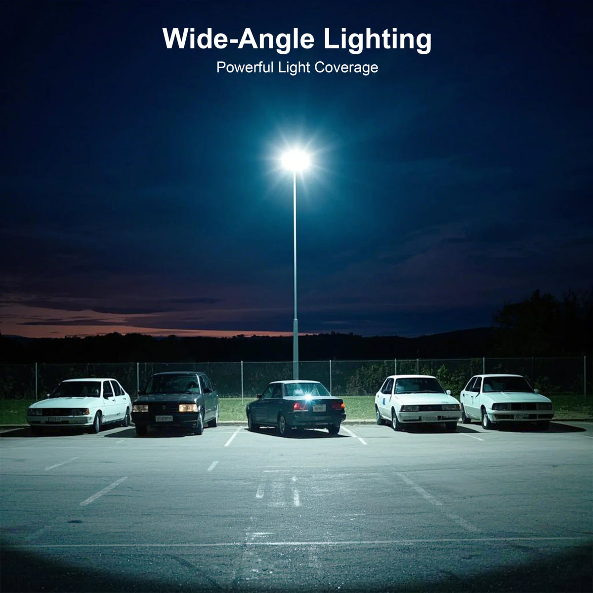 Outdoor area illuminated by a powerful solar street light at night.