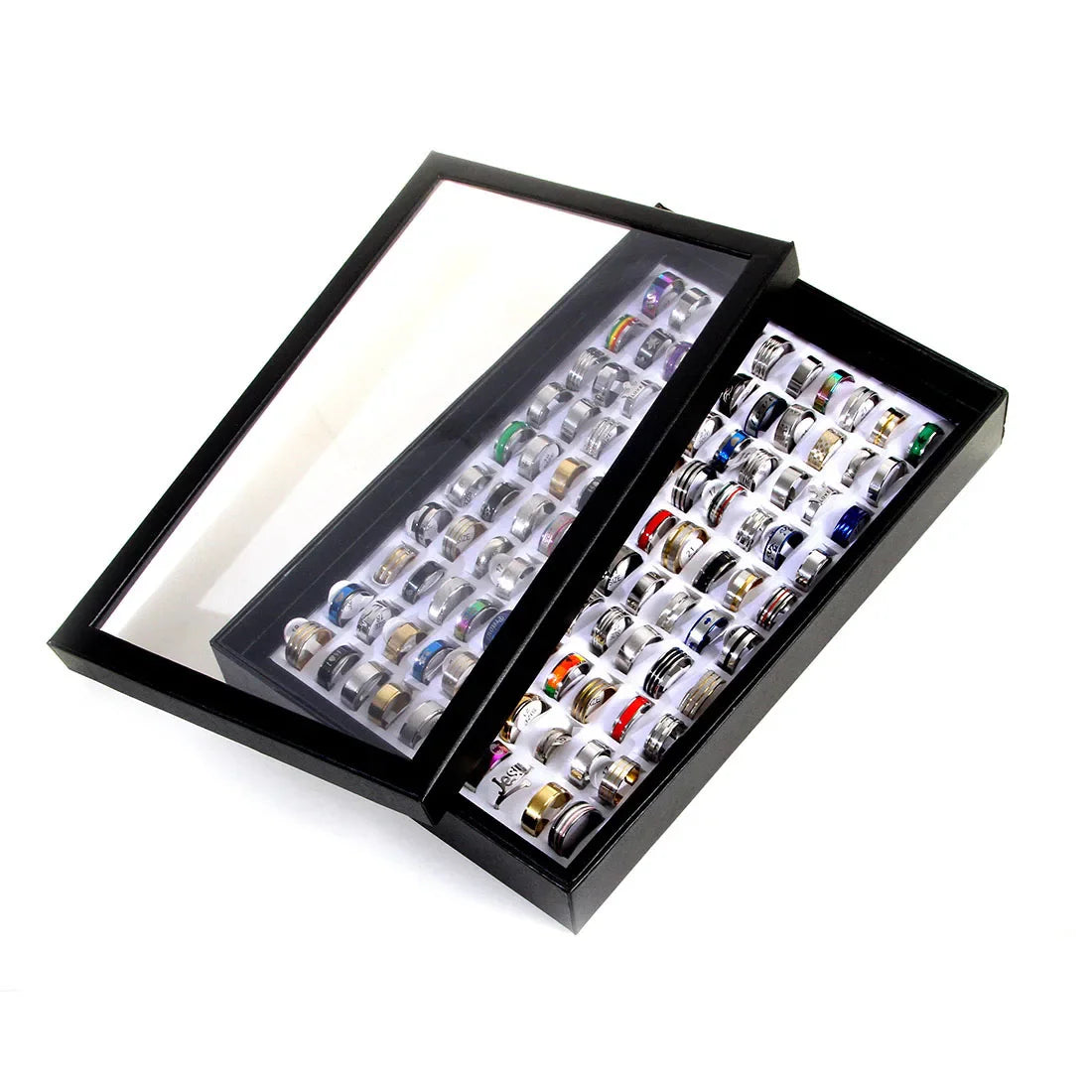 Two large trays containing a wholesale lot of mixed metal finger bands for men and women.