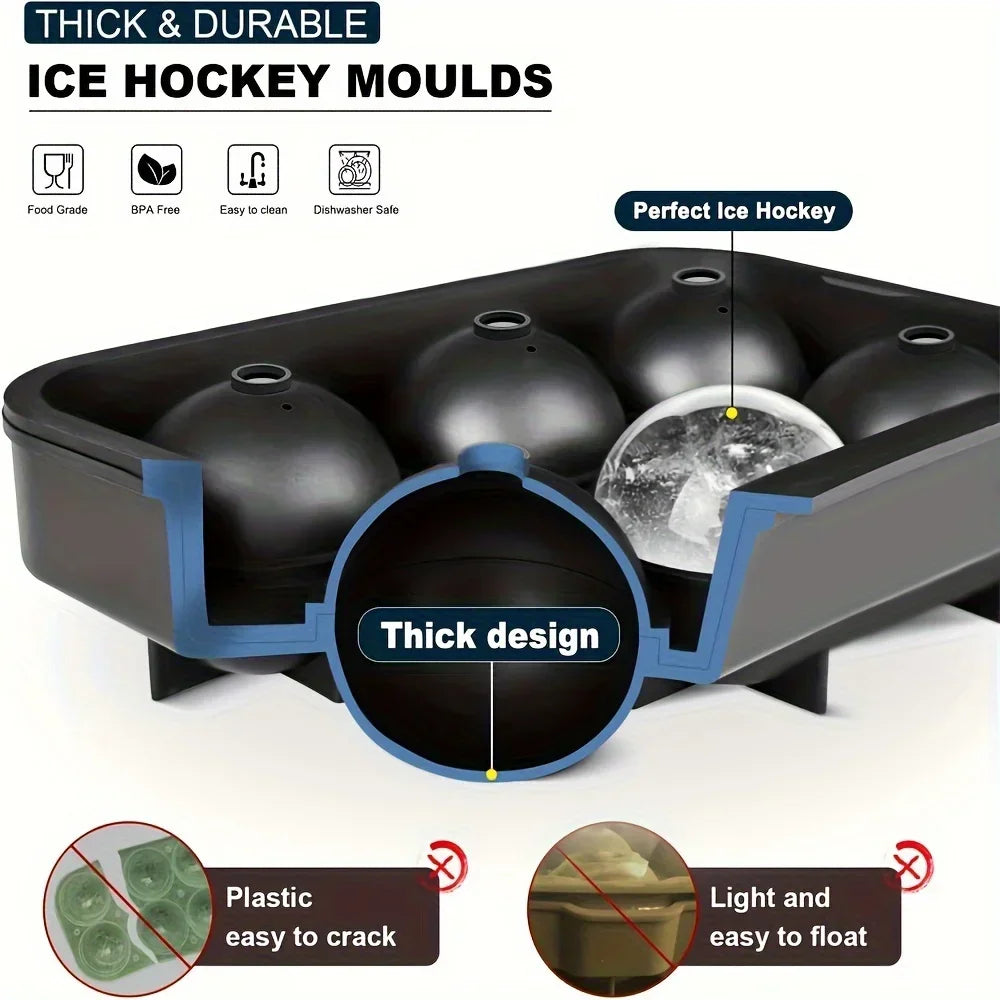 Black silicone sphere ice mold tray with descriptive text and diagrams about its design features