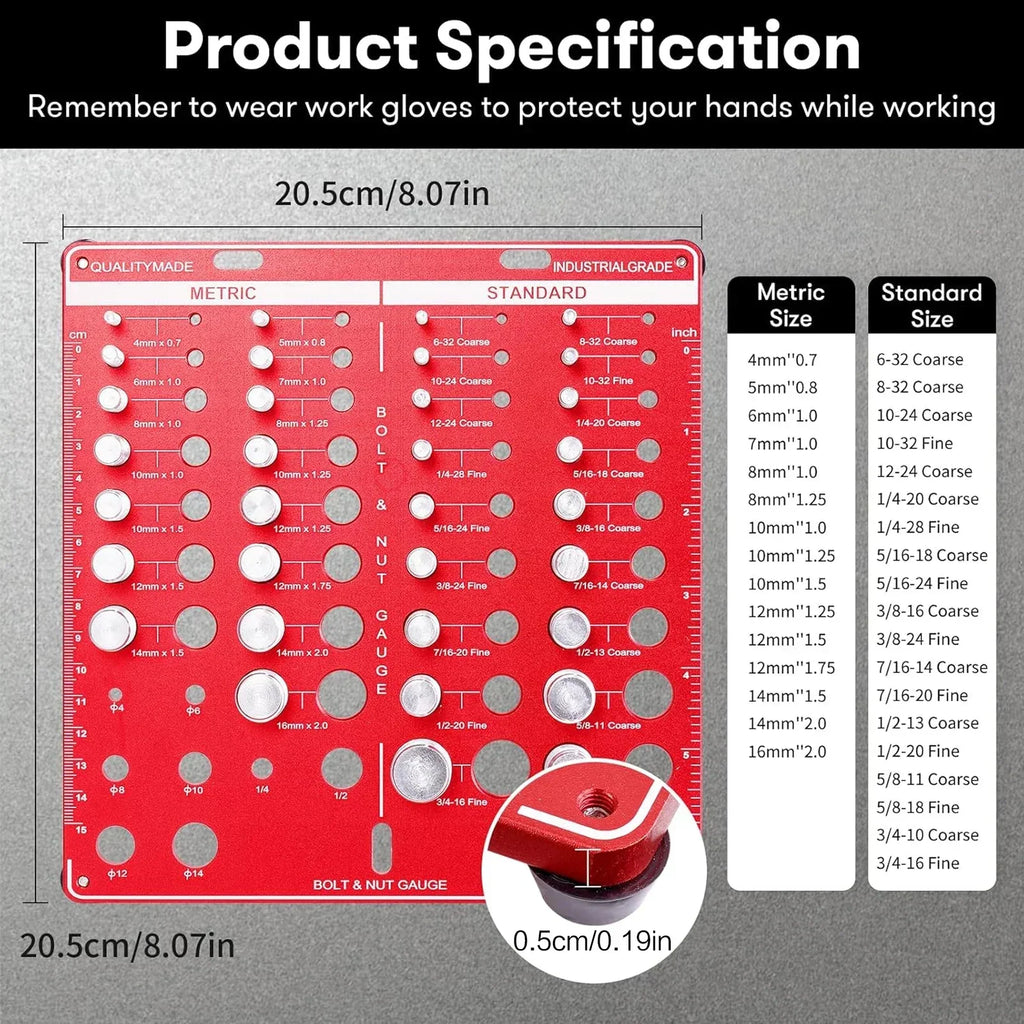 Red aluminum bolt and nut thread checker gauge with a detailed chart of metric and standard sizes