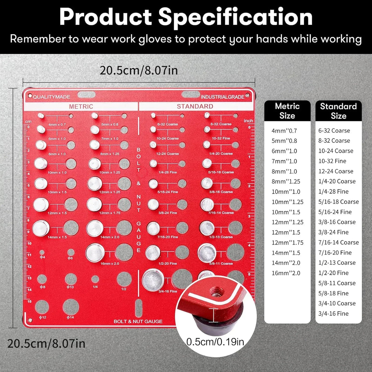 Red aluminum bolt and nut thread checker gauge with a detailed chart of metric and standard sizes