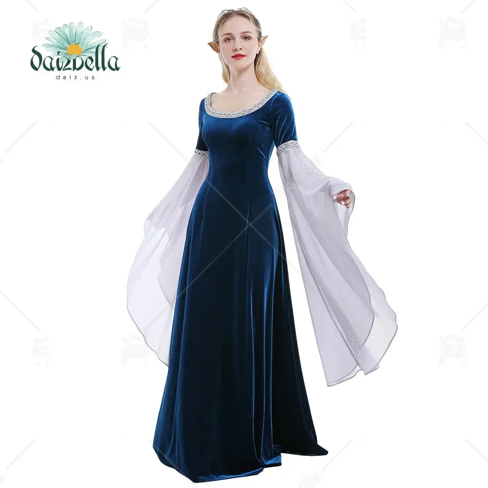 A woman wearing a dark blue velvet medieval cosplay dress with long flowing light grey sleeves.