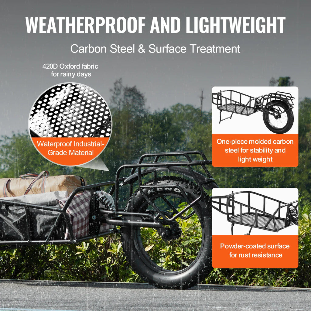 Cargo bicycle trailer with feature callouts highlighting steel material and weatherproofing