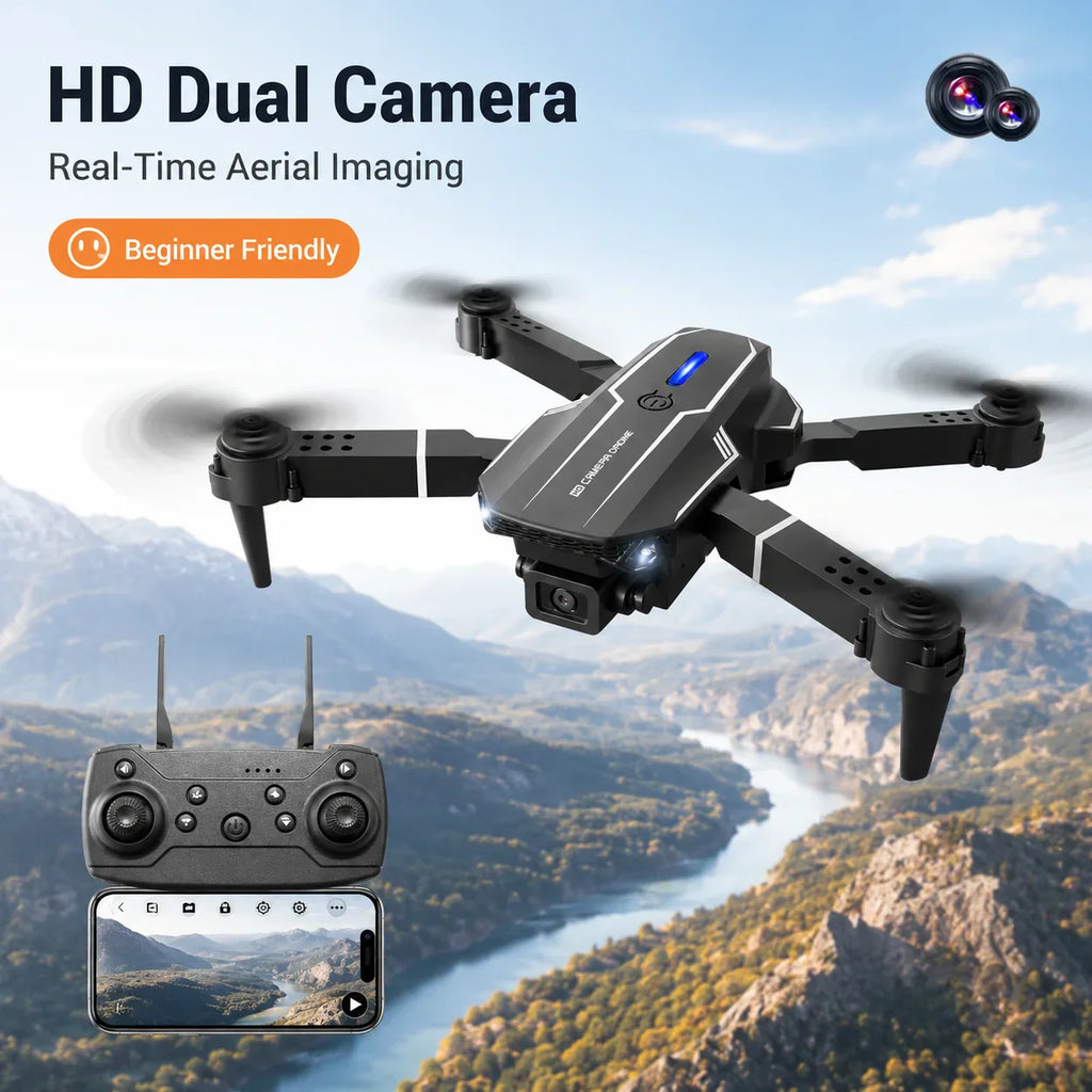 Black foldable camera drone with remote controller and phone display over a lake landscape.