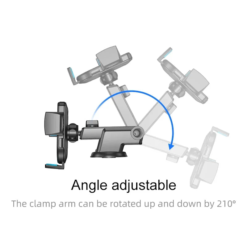 A technical diagram showing the 210-degree tilt angle adjustment of a car phone mount arm.