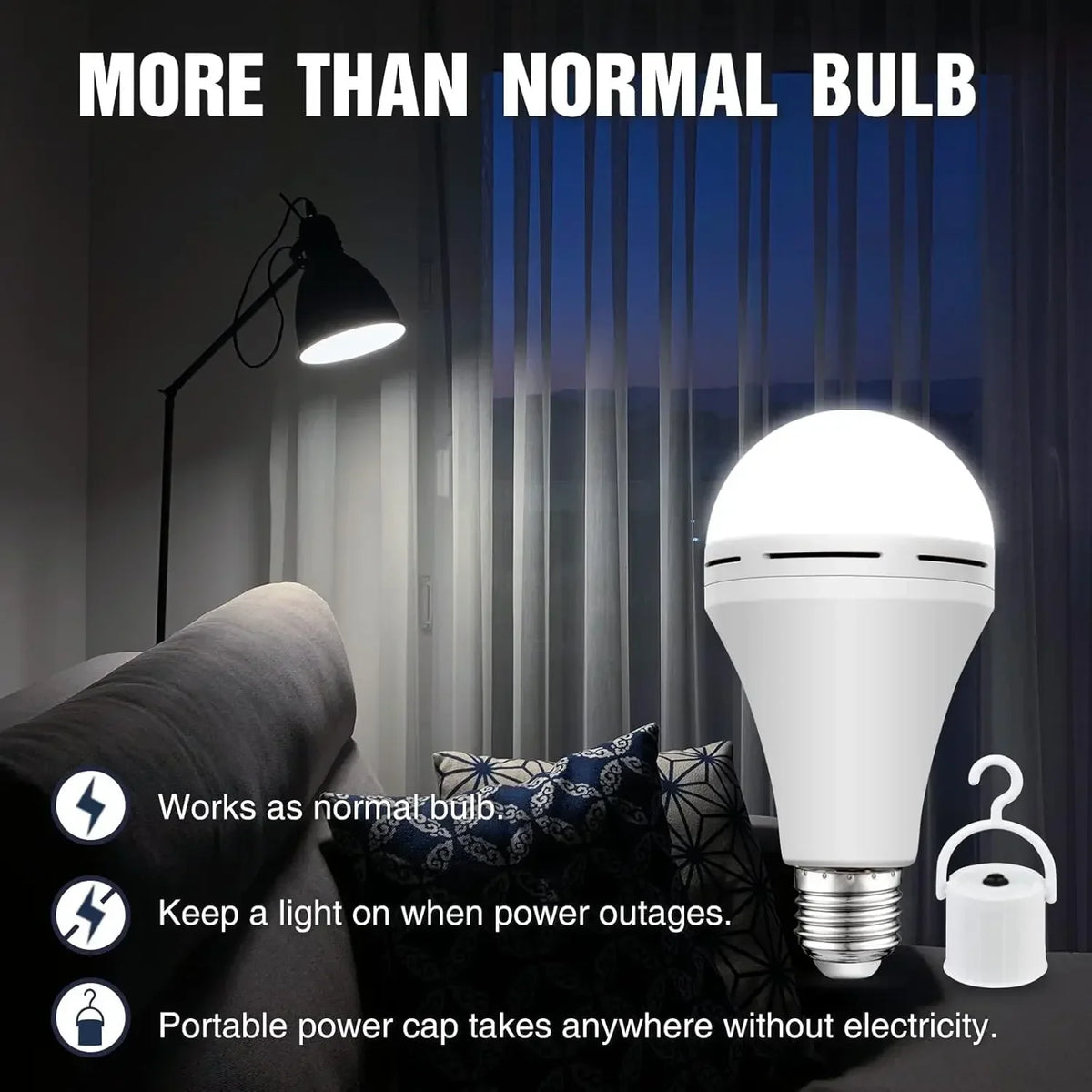 Emergency LED light bulb that continues to shine during a power outage.