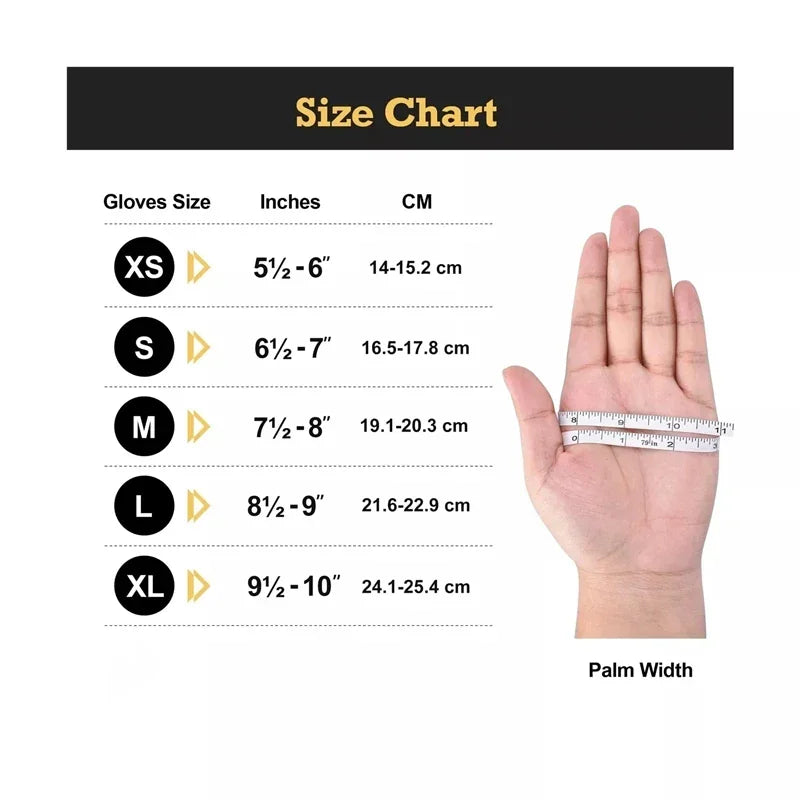 A size chart for nitrile gloves showing hand measurements for various glove sizes from XS to XL