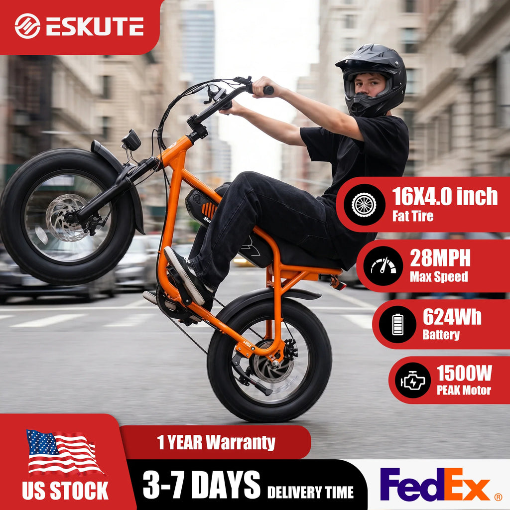 A person riding an orange electric dirt bike on a city street.