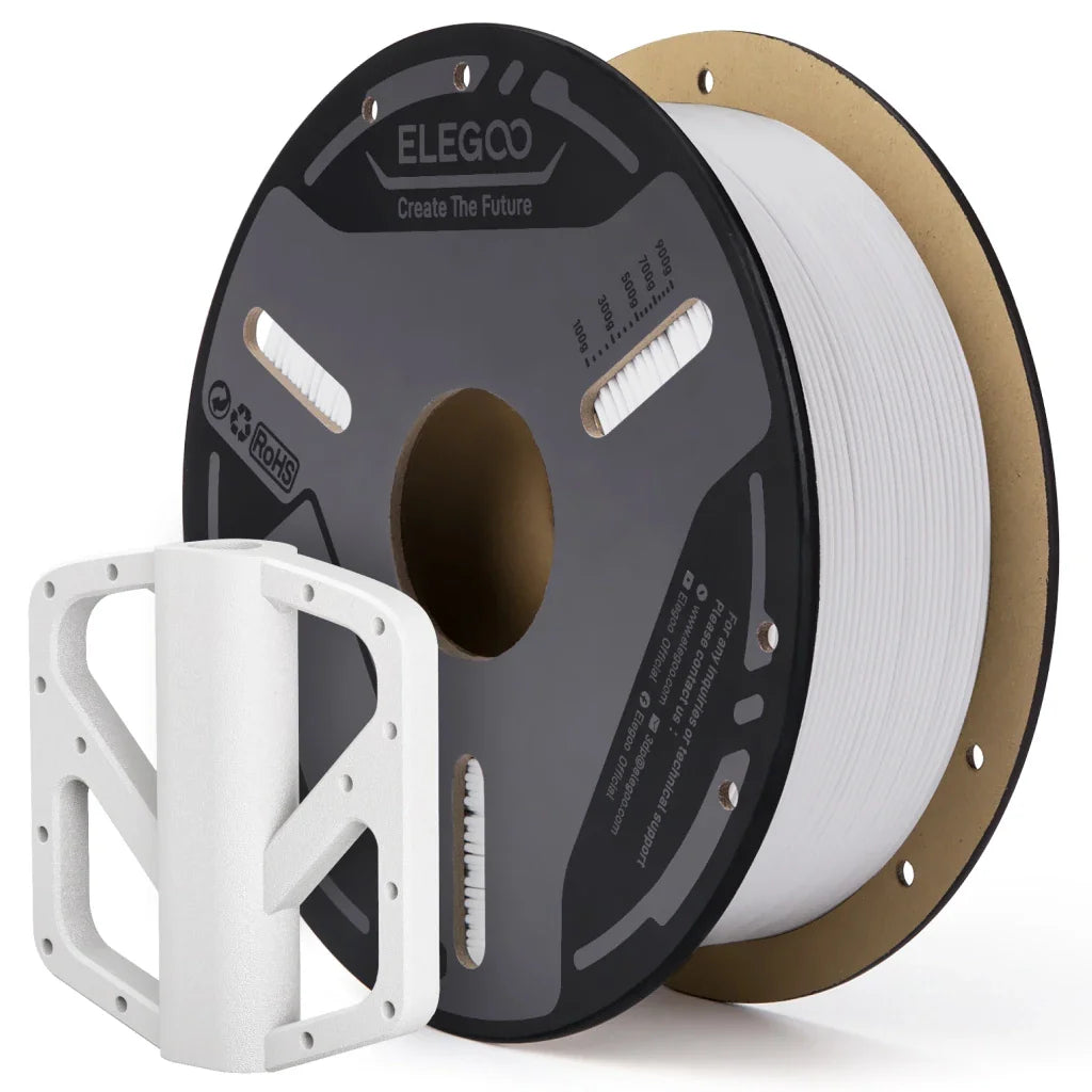 White PETG-GF filament spool and a 3D printed object