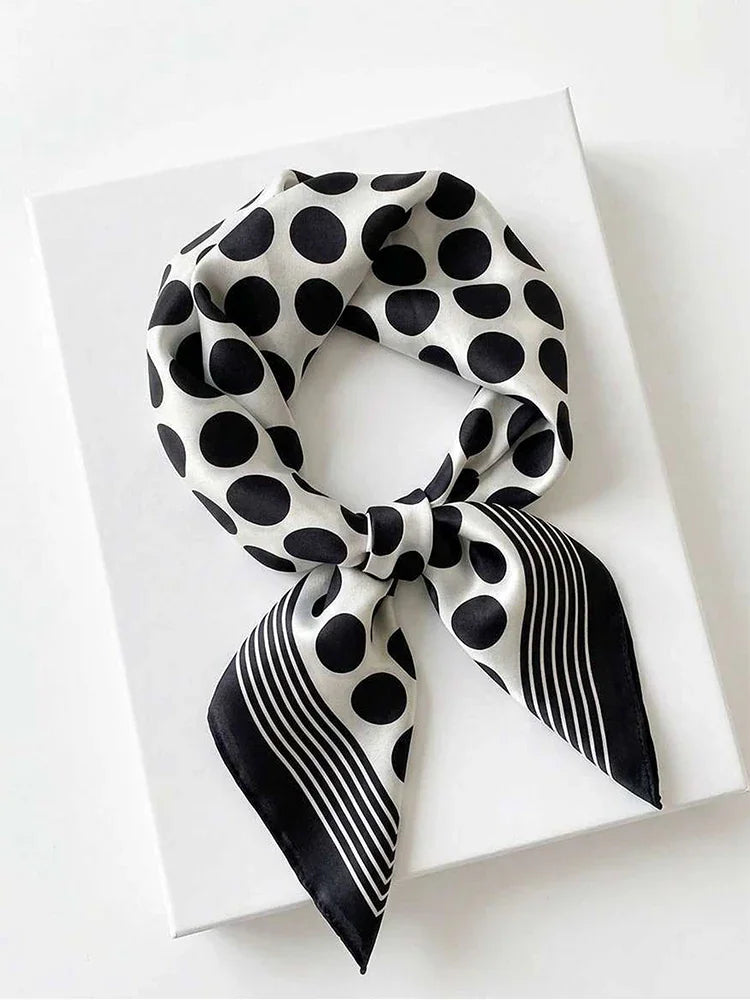 Black and white polka dot silk square scarf with striped border