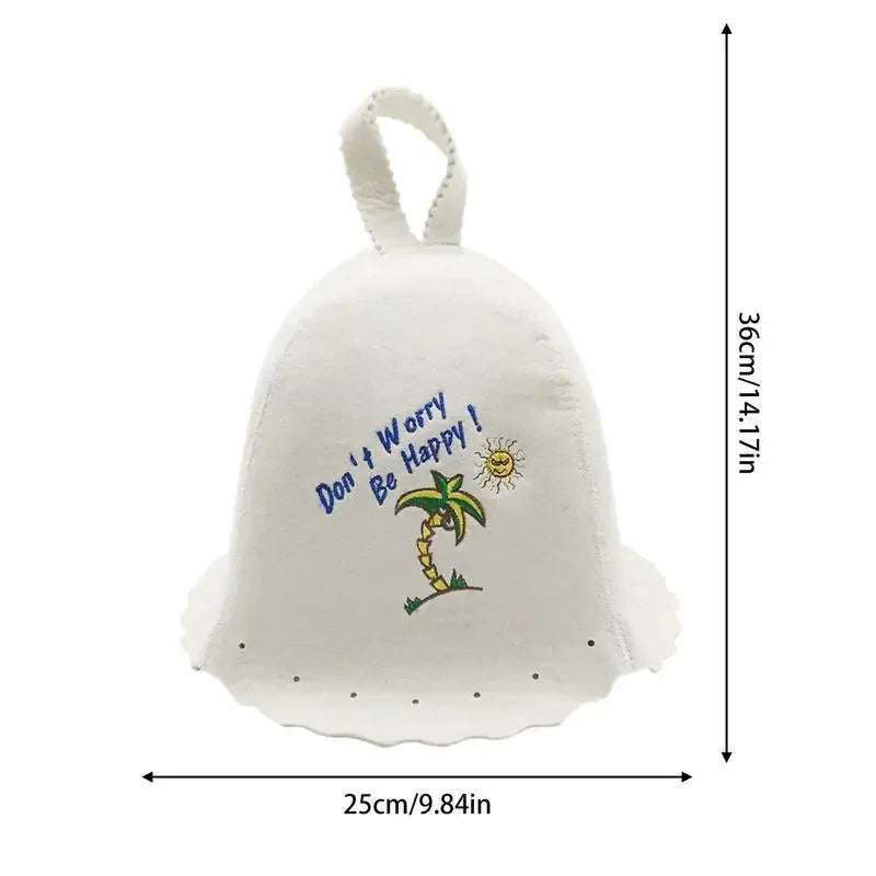 White felt sauna hat with palm tree embroidery and dimension measurements.