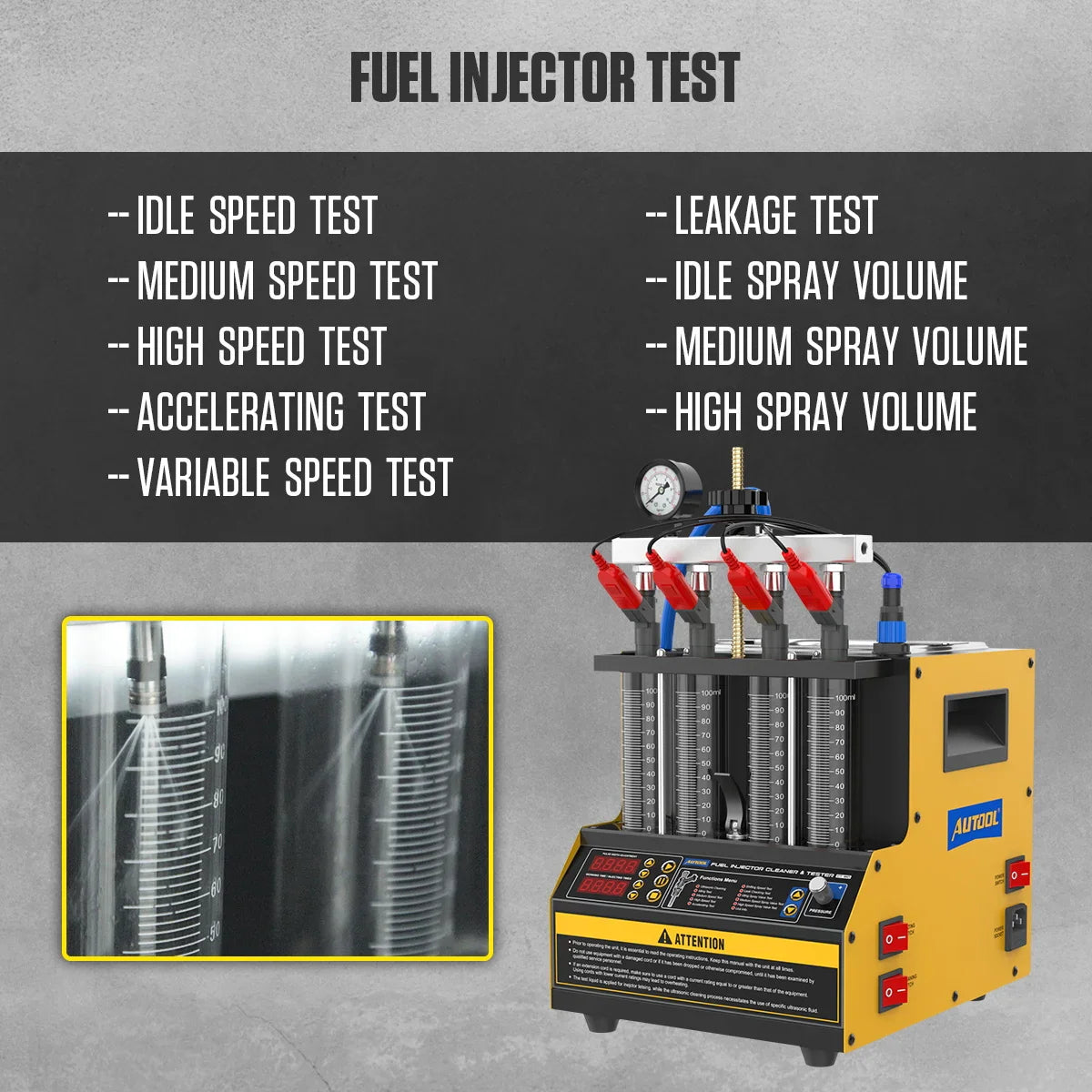 Fuel injector tester machine with list of diagnostic test modes including idle, leakage, and spray volume tests.