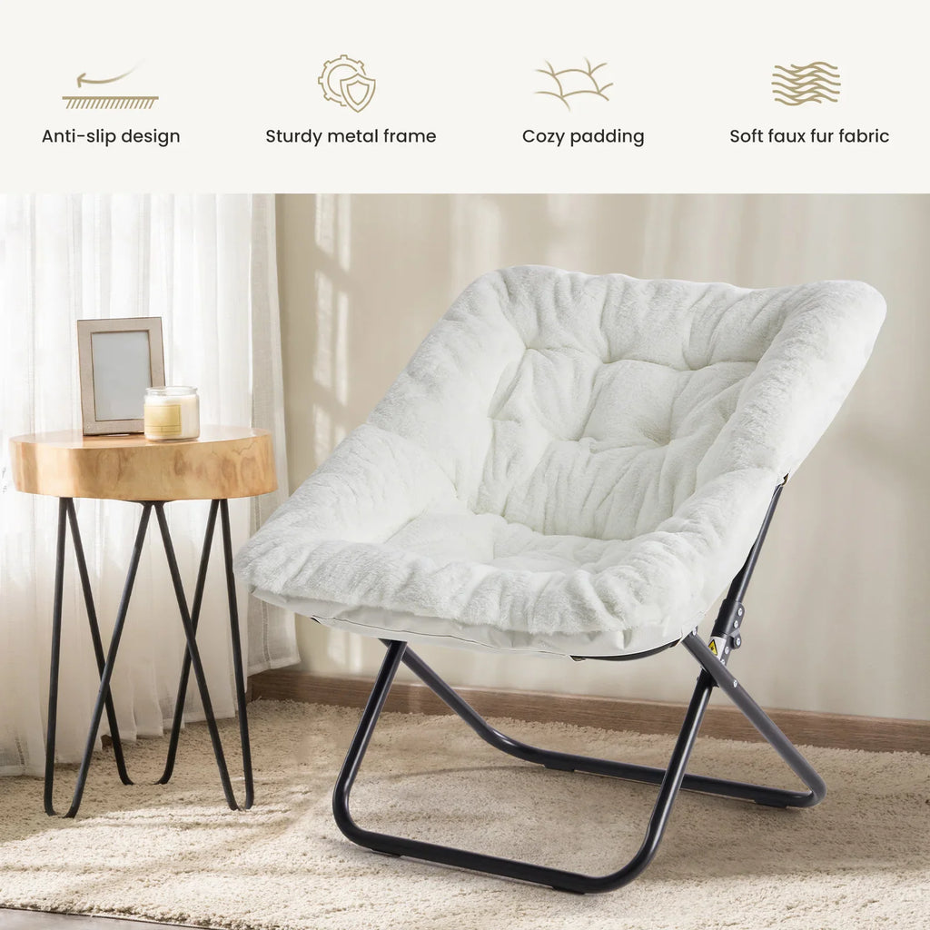 White faux fur folding saucer chair with feature icons