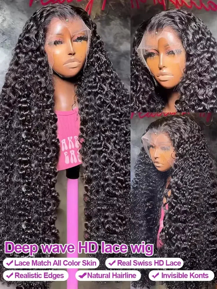 Close up shots of a deep wave human hair wig on a mannequin head showing lace hairline and texture