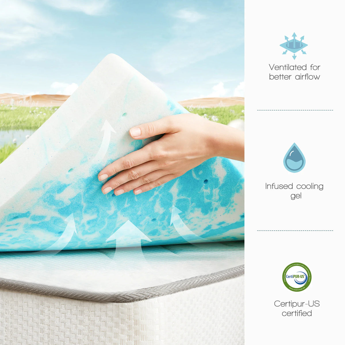 Close up of hands lifting a blue and white gel memory foam mattress topper with air vent icons