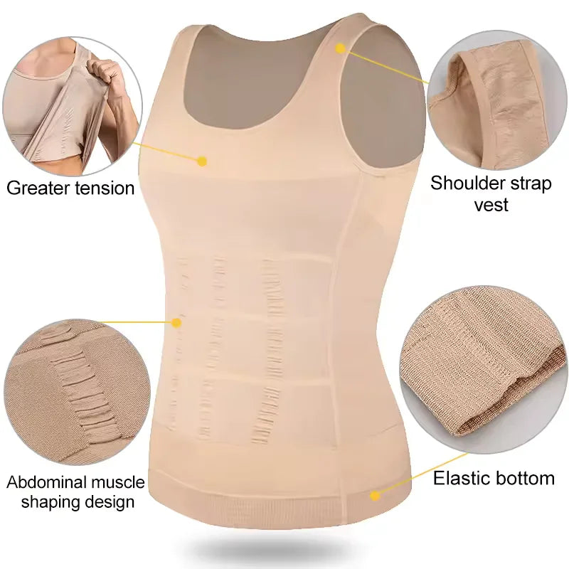 Beige compression vest detail views showing strap, fabric tension and bottom hem
