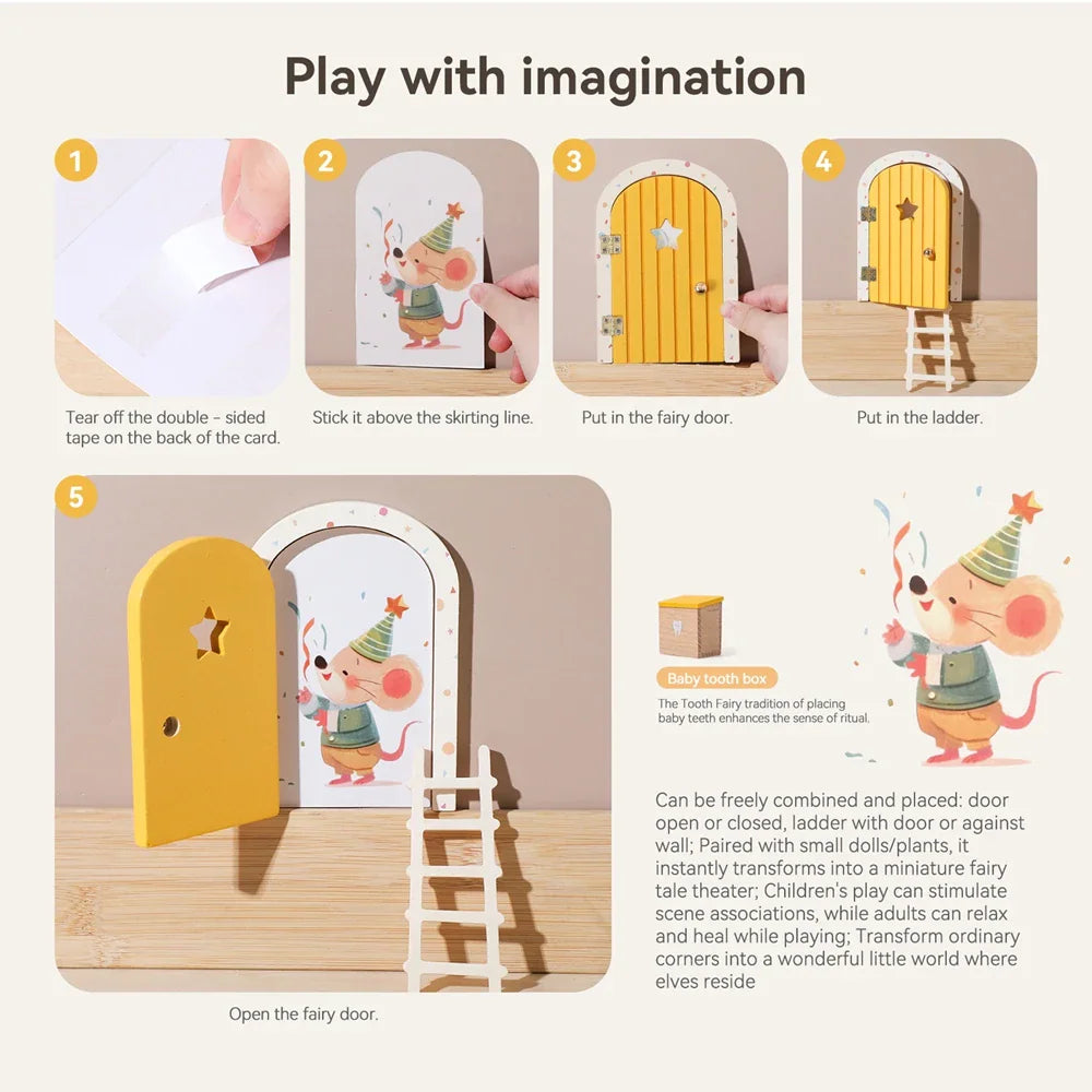 Instructions for installing a miniature wooden fairy door on a wall