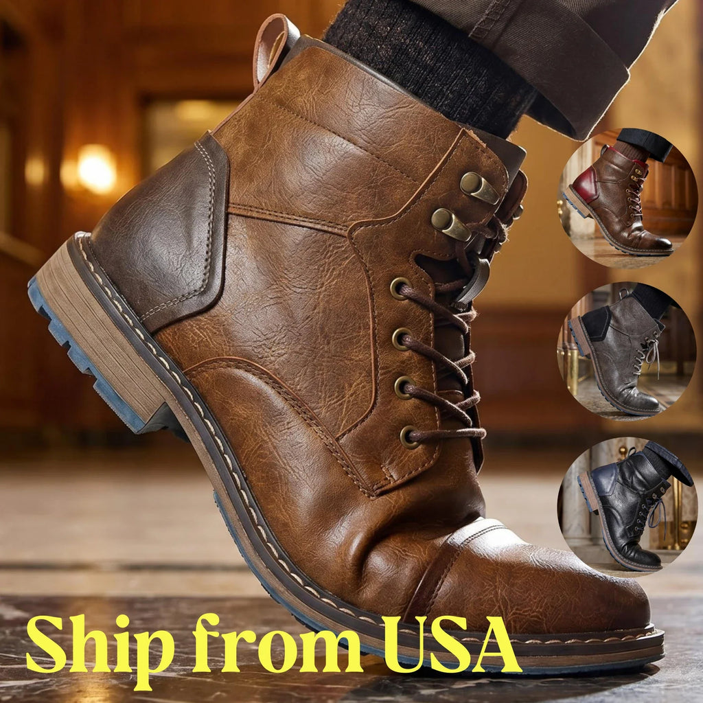 Men's retro brown leather ankle boots shown in various colors