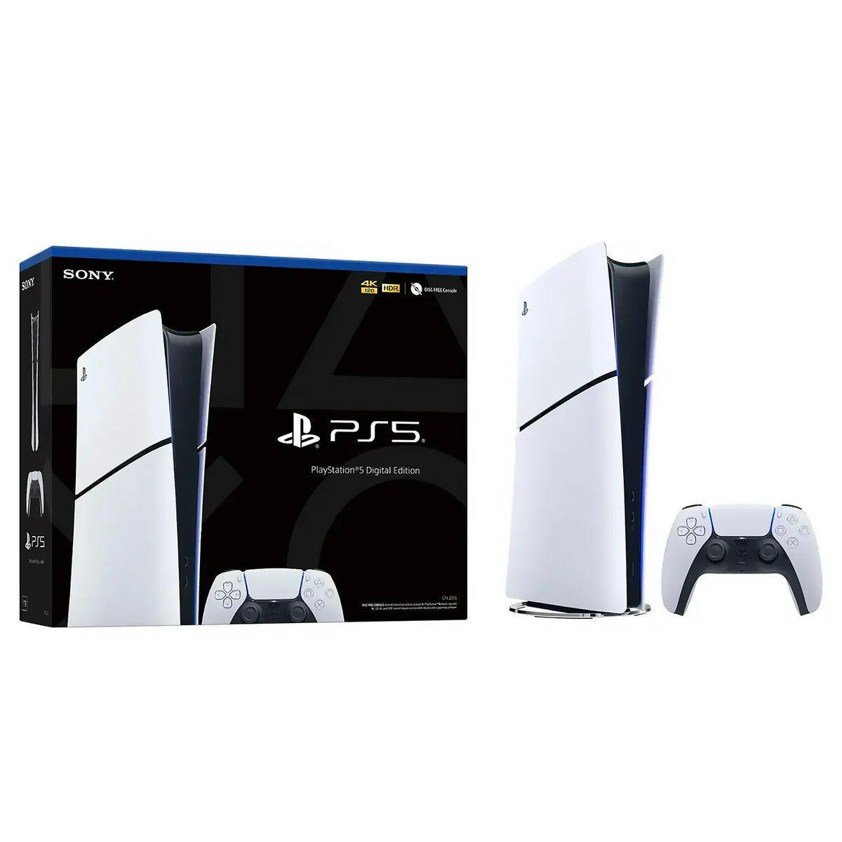White and black digital game console and controller with product packaging box