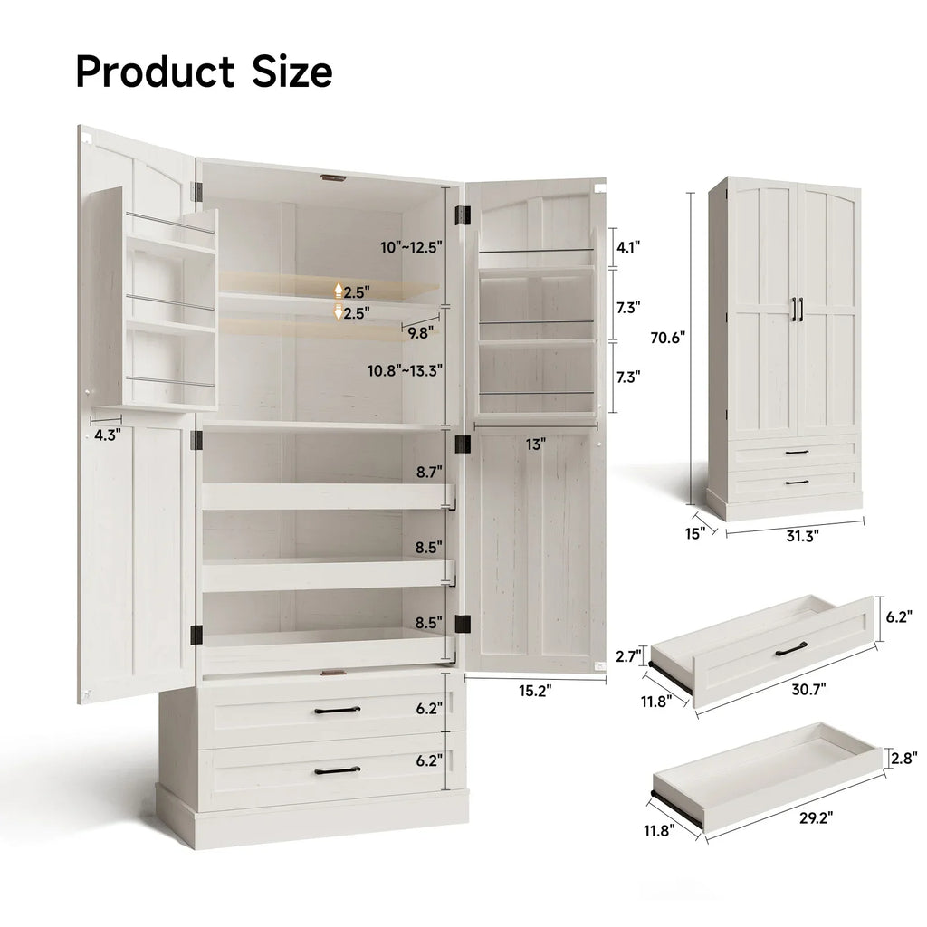 White kitchen pantry cabinet with dimension diagrams and measurements showing height, width, and depth