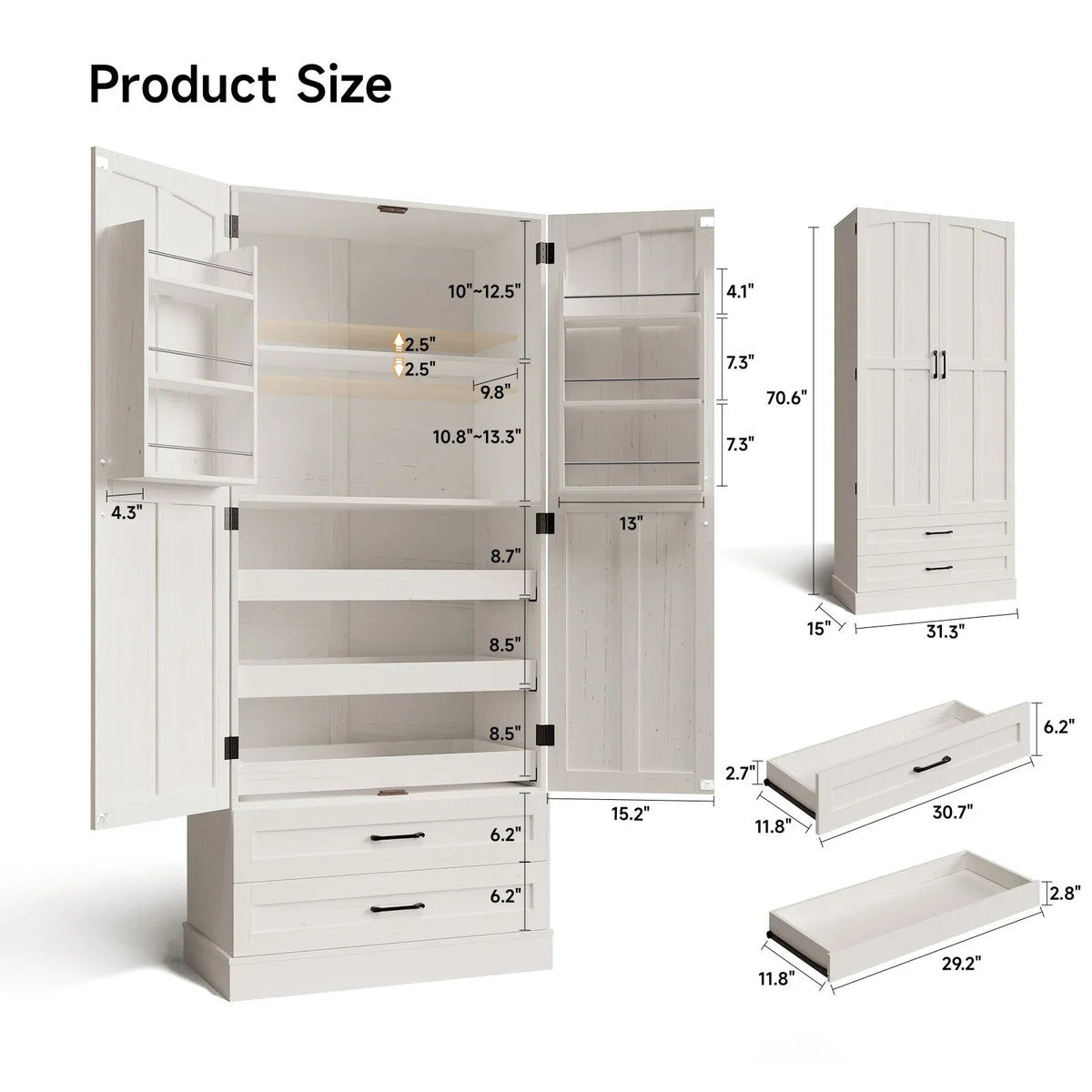 White kitchen pantry cabinet with dimension diagrams and measurements showing height, width, and depth