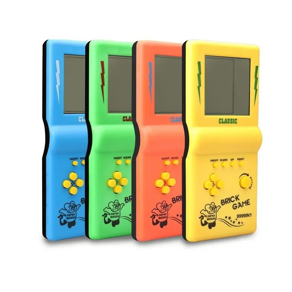 Four colorful handheld brick game consoles in a row
