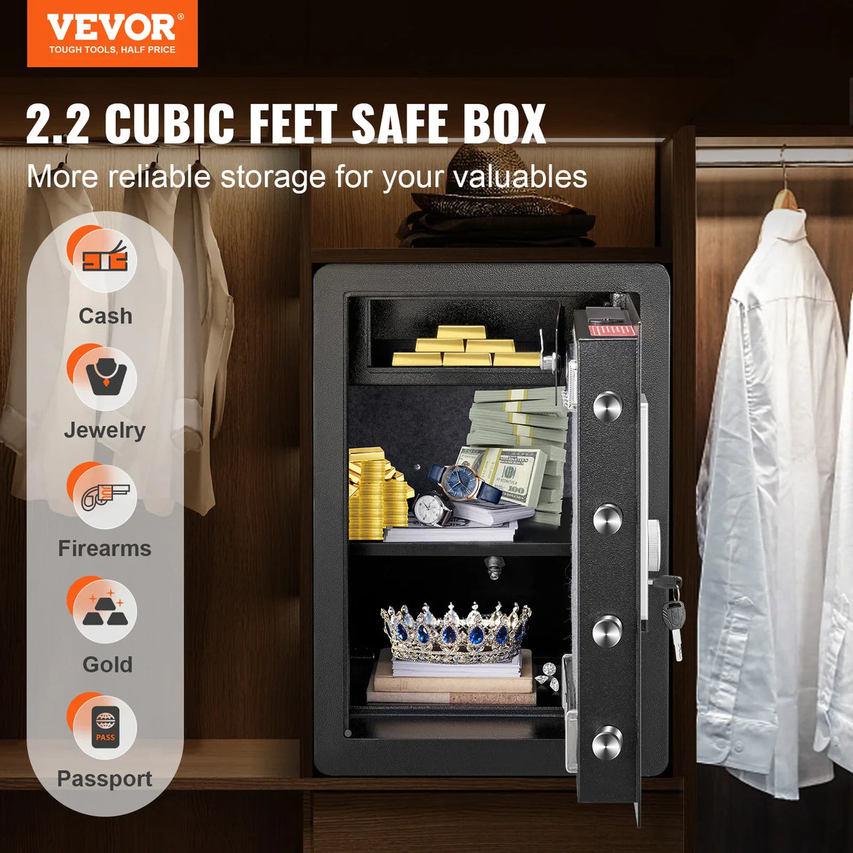 A black security safe inside a closet filled with valuables like money, gold bars, and a crown.
