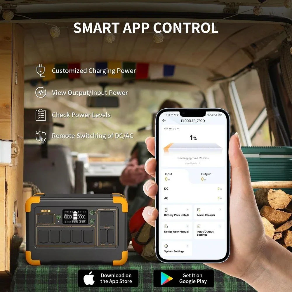Hand holding a smartphone showing app control interface for a portable power station