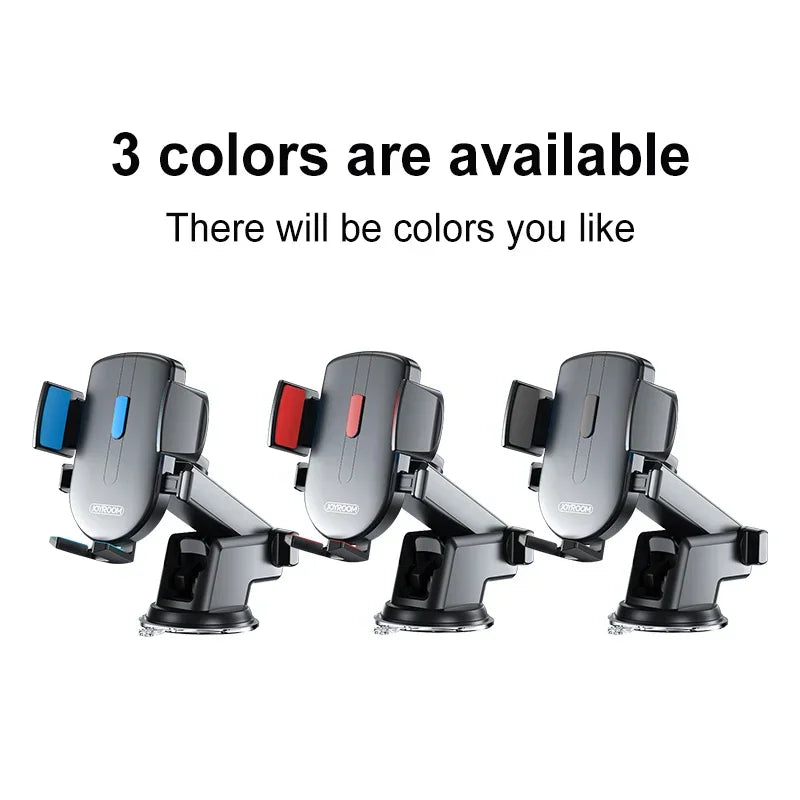 Three car phone holder models with blue, red, and black accent colors.