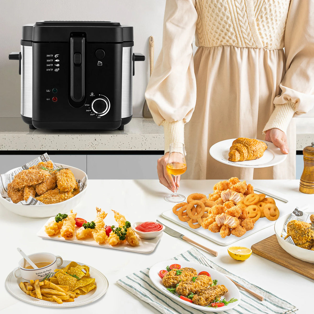 A woman holding a plate of food next to an electric deep fryer and various fried dishes.