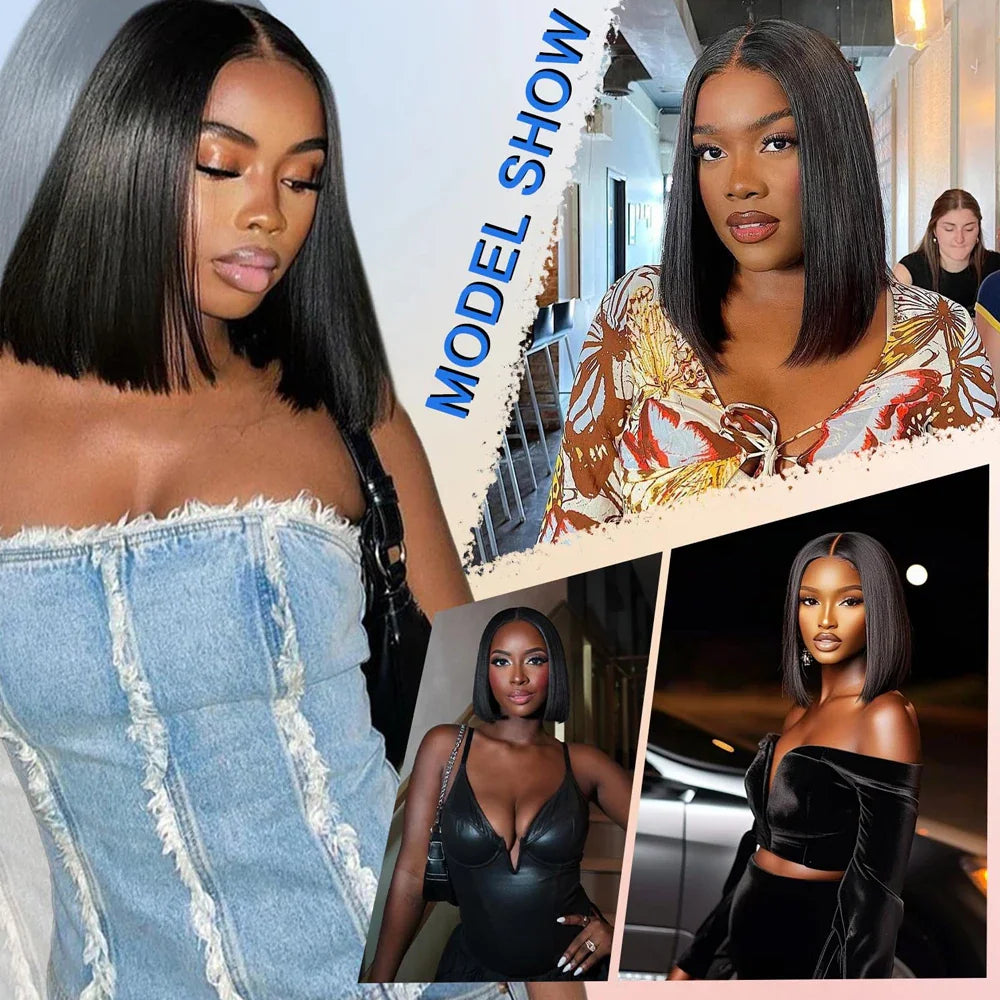 A model show collage featuring different women wearing straight black bob wigs.