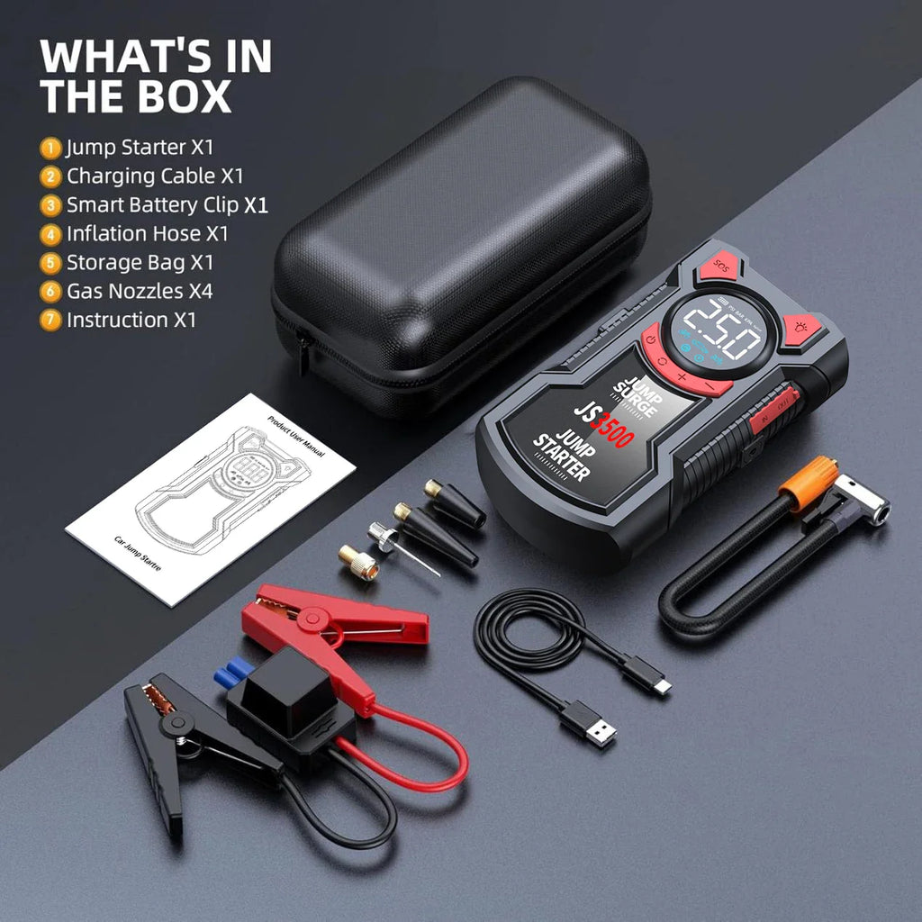 Jump starter kit contents including carrying case, battery clamps, inflation hose, and charging cables