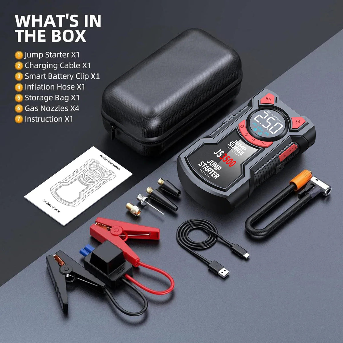 Jump starter kit contents including carrying case, battery clamps, inflation hose, and charging cables