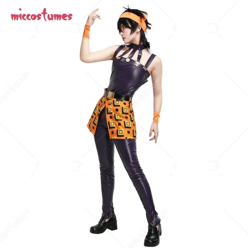 Side profile of a person wearing a cosplay outfit with a purple top and geometric orange skirt