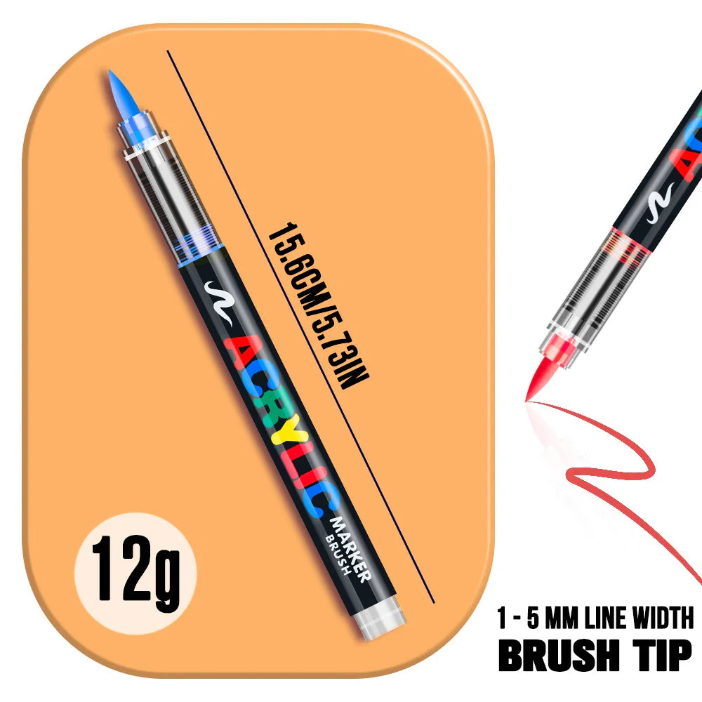 Acrylic paint brush marker with dimensions and tip width information