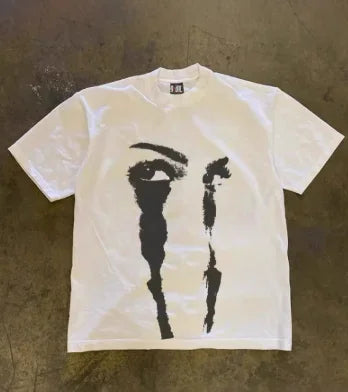 A loose fit short sleeve T-shirt with an American abstract eye face print pattern.