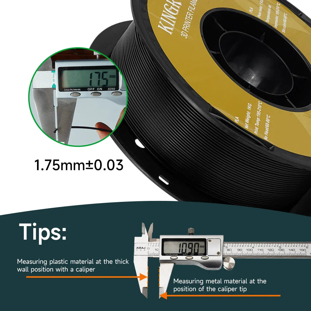 Close up of 3D printer filament being measured for diameter consistency with a digital caliper.