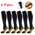 Six pairs of black knee-high compression socks with copper-infused toe and heel sections