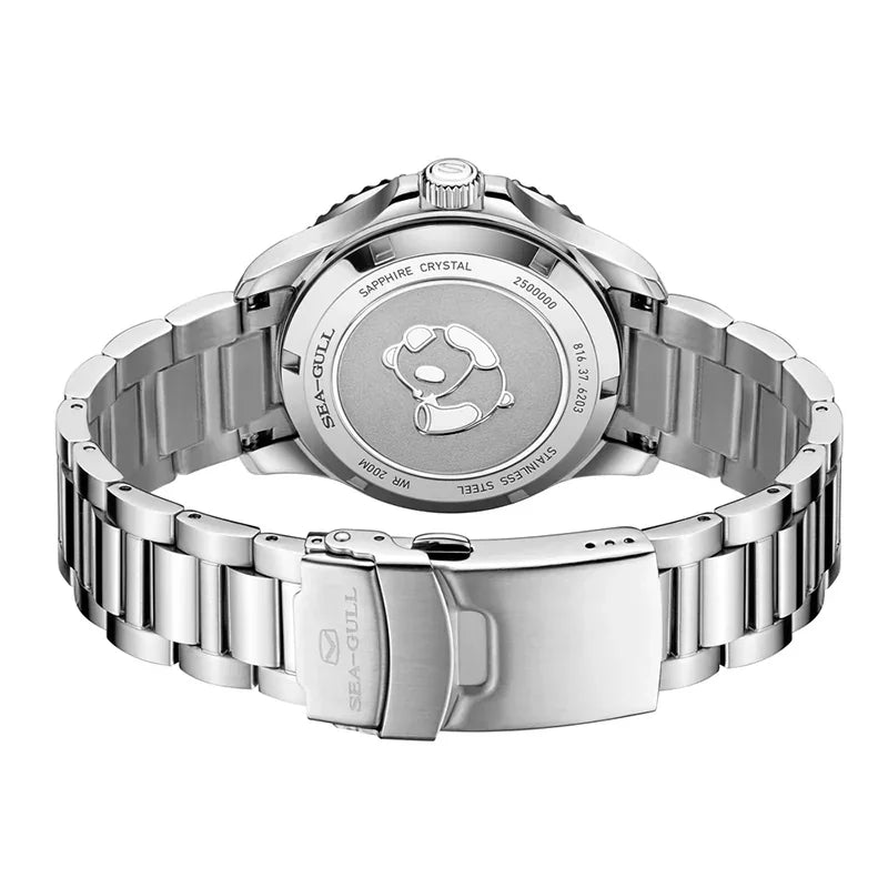Rear view of a men's silver stainless steel watch showcasing the case back with a panda engraving and metal deployment clasp.