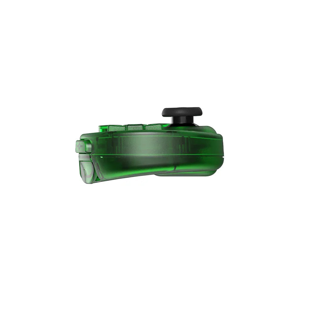 Green transparent wireless game controller side profile view.