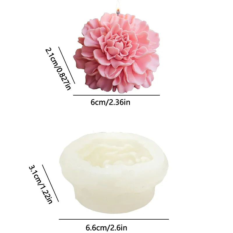 A pink flower candle and a silicone mold with size dimension measurements