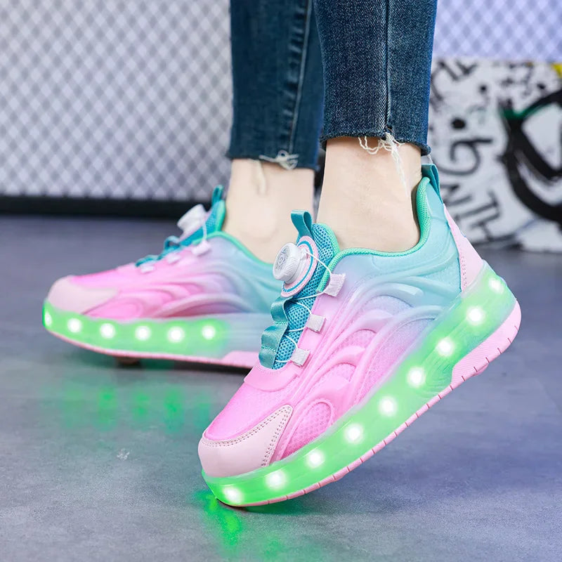 Gradient pink and turquoise LED roller skate shoes worn on feet