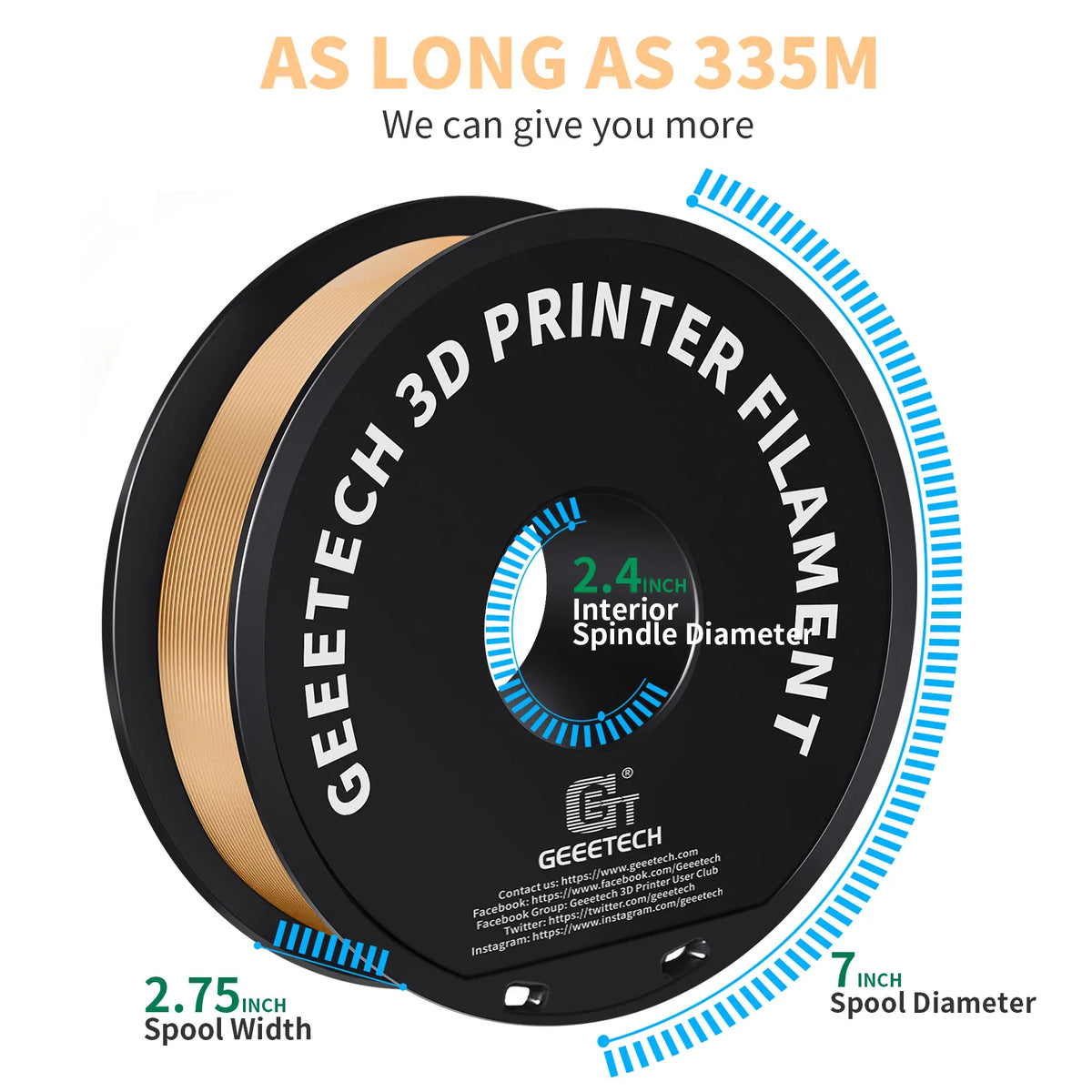 A spool of 3D printer filament showing dimensions and spool measurements
